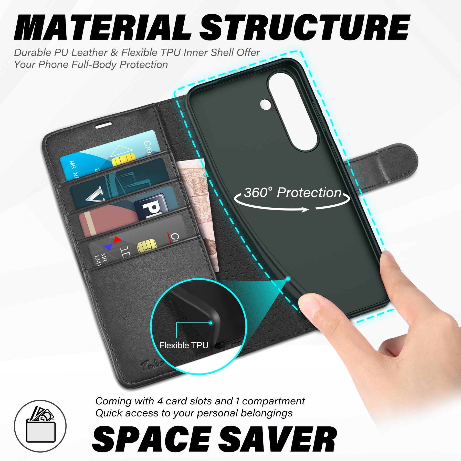 TUCCH Custodia per Galaxy S25 FE 5G, Cover Magnetica Blocco RFID Portafoglio Supporto Cellulare Slot Porta Carte Pelle con TPU Protezione Completa Cover per Galaxy S25 FE (6,7" 2025), Nero