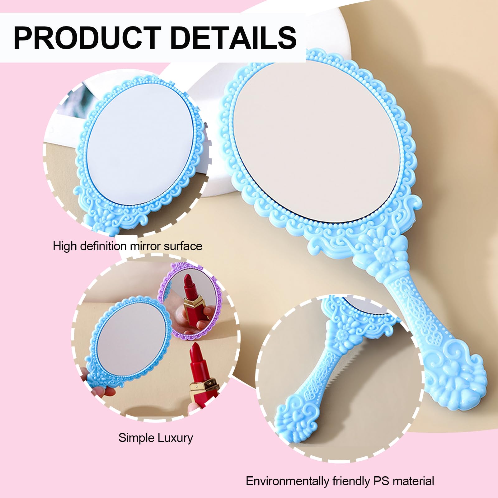 6PCS Specchietti Trucco con Manico per Viaggi Specchi Cosmetici Portatili, Casa e Campeggio - Colori Vivaci e Resistenti - 7 Pollici Lungo