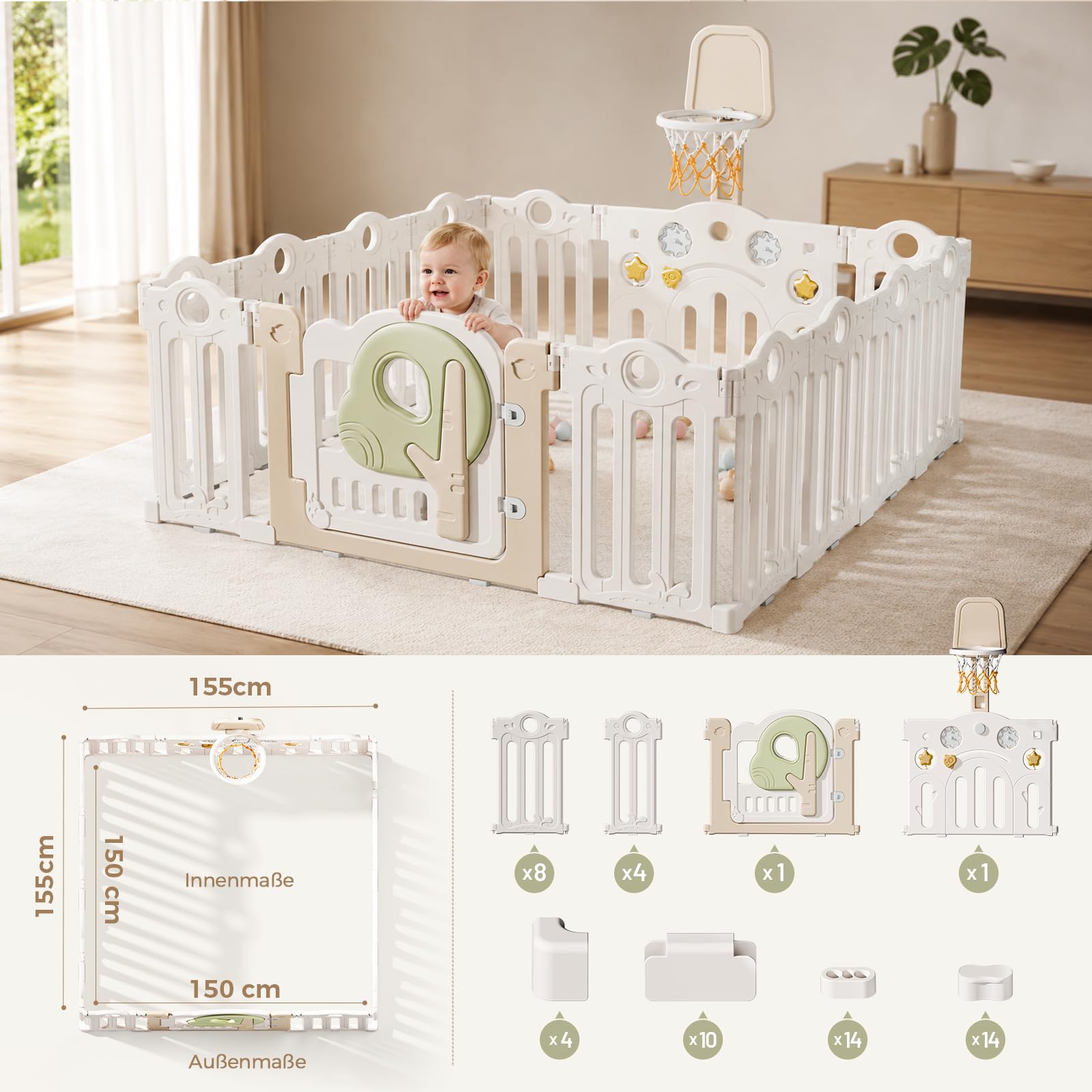 Laufstall Baby Faltbar 150x150, Groß Laufgitter Baby mit Mini-Basketballkorb, XXL Tragbar Playpen mit Tür für Babys&Kleinkinder, Montessori Spielboard&Babyzaun Kunststoff für Innen&Außen