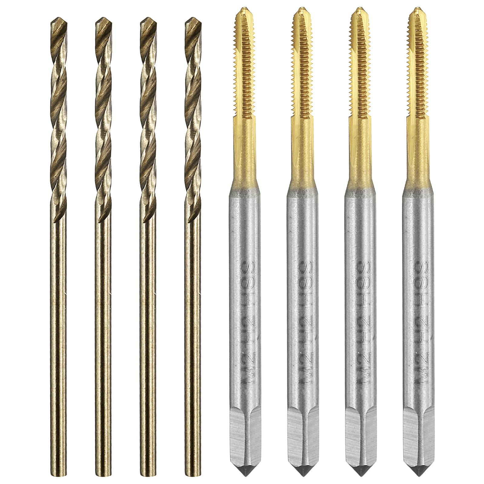 Set di Maschi e Punte da Trapano, 4 Maschi per Filettatura a Spirale metrica M2 x 0,4 e 4 Punte elicoidali da Trapano da 1,6 mm, rivestite in Titanio/Giallo tostato HSS-6542/M35 HSS-CO.