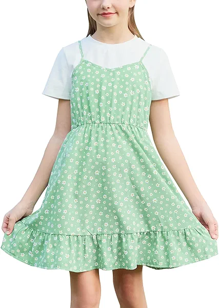 GORLYA Girls Skirt Sets Casual Short Sleeve Knit Tops and Floral Ruffle Hem Summer Cami Dress 2PCS Outfit Clothes 6-14Y