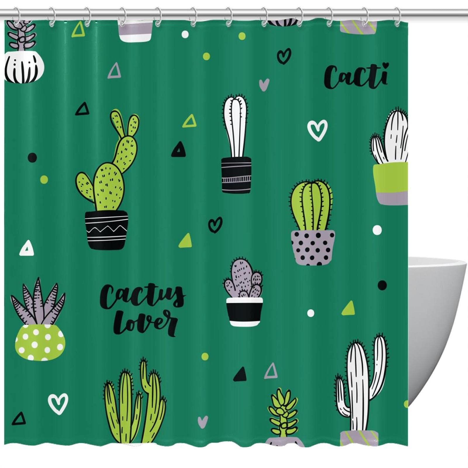 Rideau de douche imprimé cactus blanc vert lavable avec œillets renforcés et 12 anneaux
