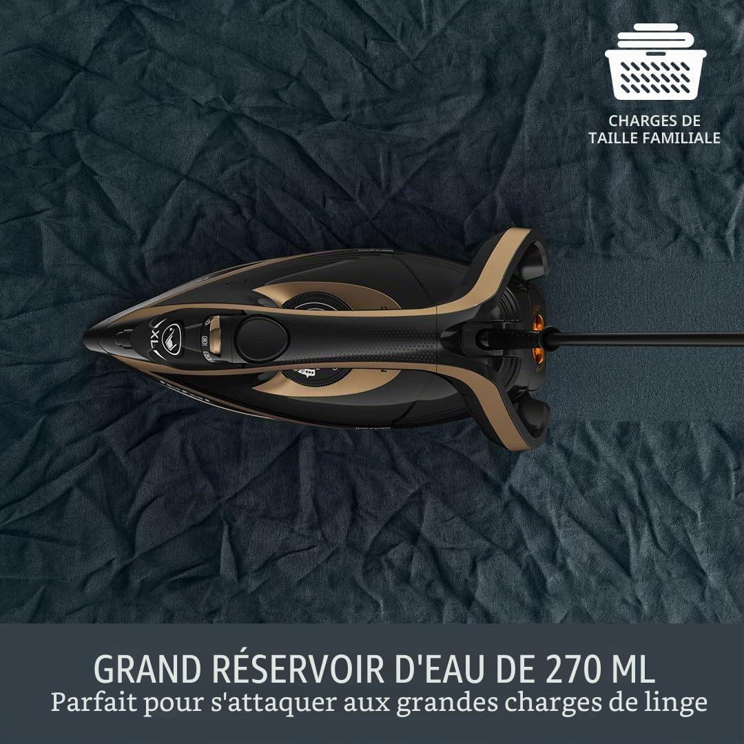 Tefal FV8064 Puregliss Fer à repasser à vapeur, 3000 W, effet pressing 280 g/min, 0-50 g/min, vapeur variable, vapeur verticale, semelle Durilium AirGlide Autoclean, filtre micro calc, noir/doré