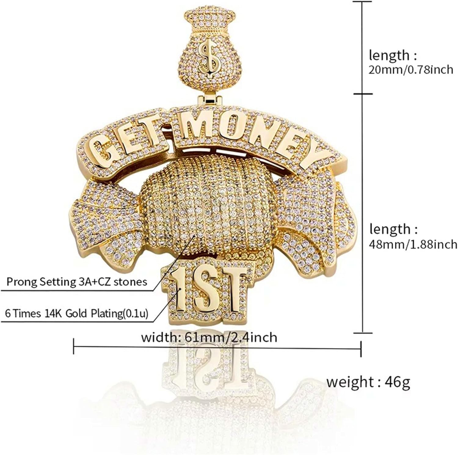 ICEDIAMOND 14K Creative Holding Cash Inspiring Necklace, Iced Out Bright CZ Diamond Big Pendant with 24'' Rope Chain, Gold Plated Hip Hop Jewelry for Men