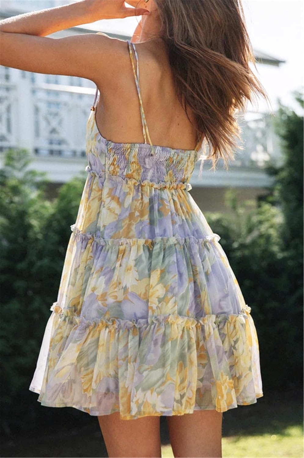 AELSON Sundresses for Women 2025 Floral Summer Dress Boho Flowy Cute Dresses Spaghetti Strap Sleeveless Ruffle Mini Dress - Image 7