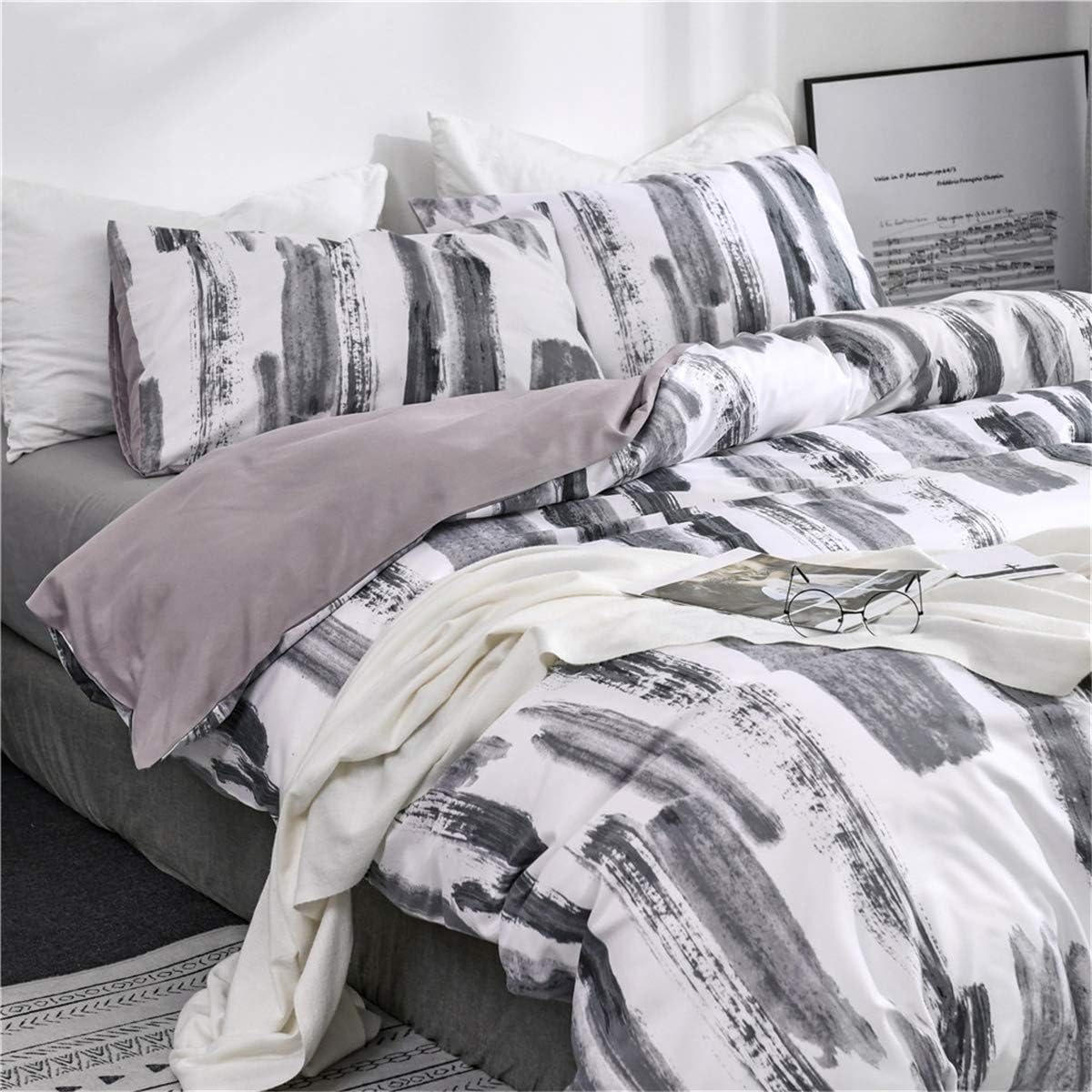 ADASMILE A & S Art Abstract Duvet Cover Set Full Size Grey and White Ink Pattern Bedding Set Stripe Comforter Cover Grey for Men and Women with Zipper Ties
