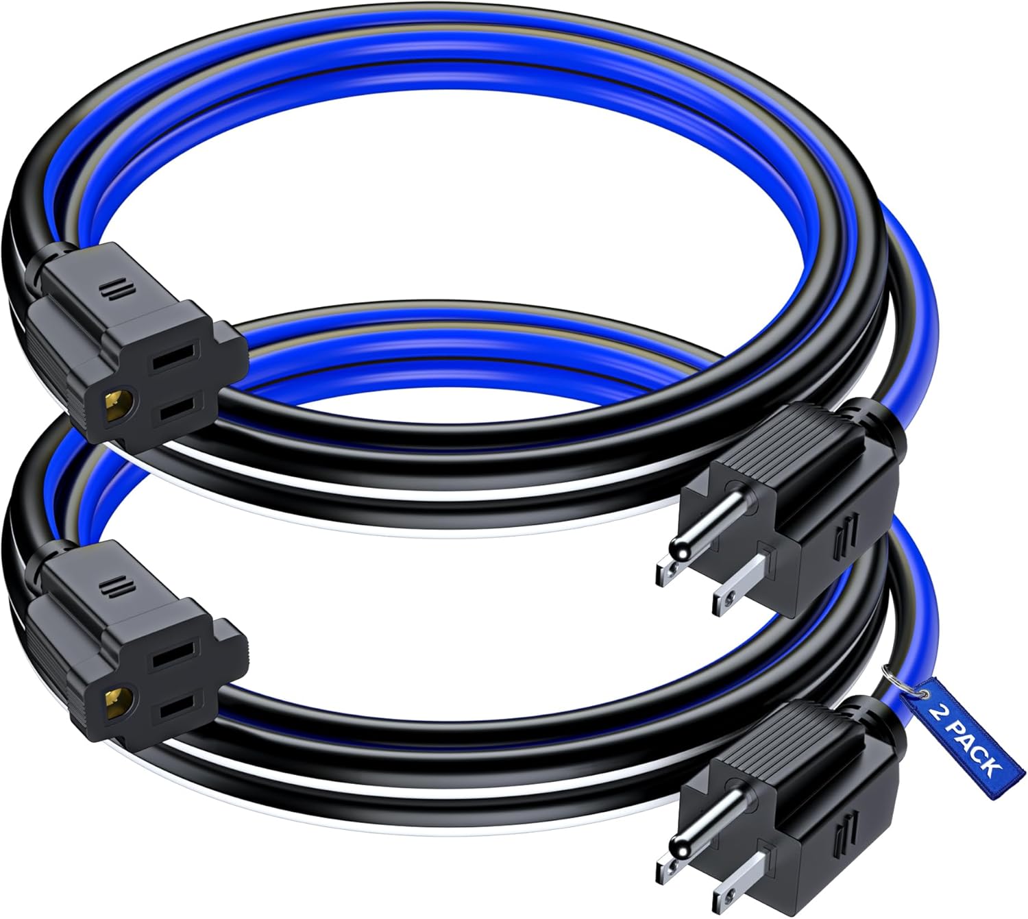 Maximm 6 Ft, 2 Pack, Black, White and Blue Extension Cord, 16 AWG 3-Prong, Compact Indoor Power Cable – ETL Listed