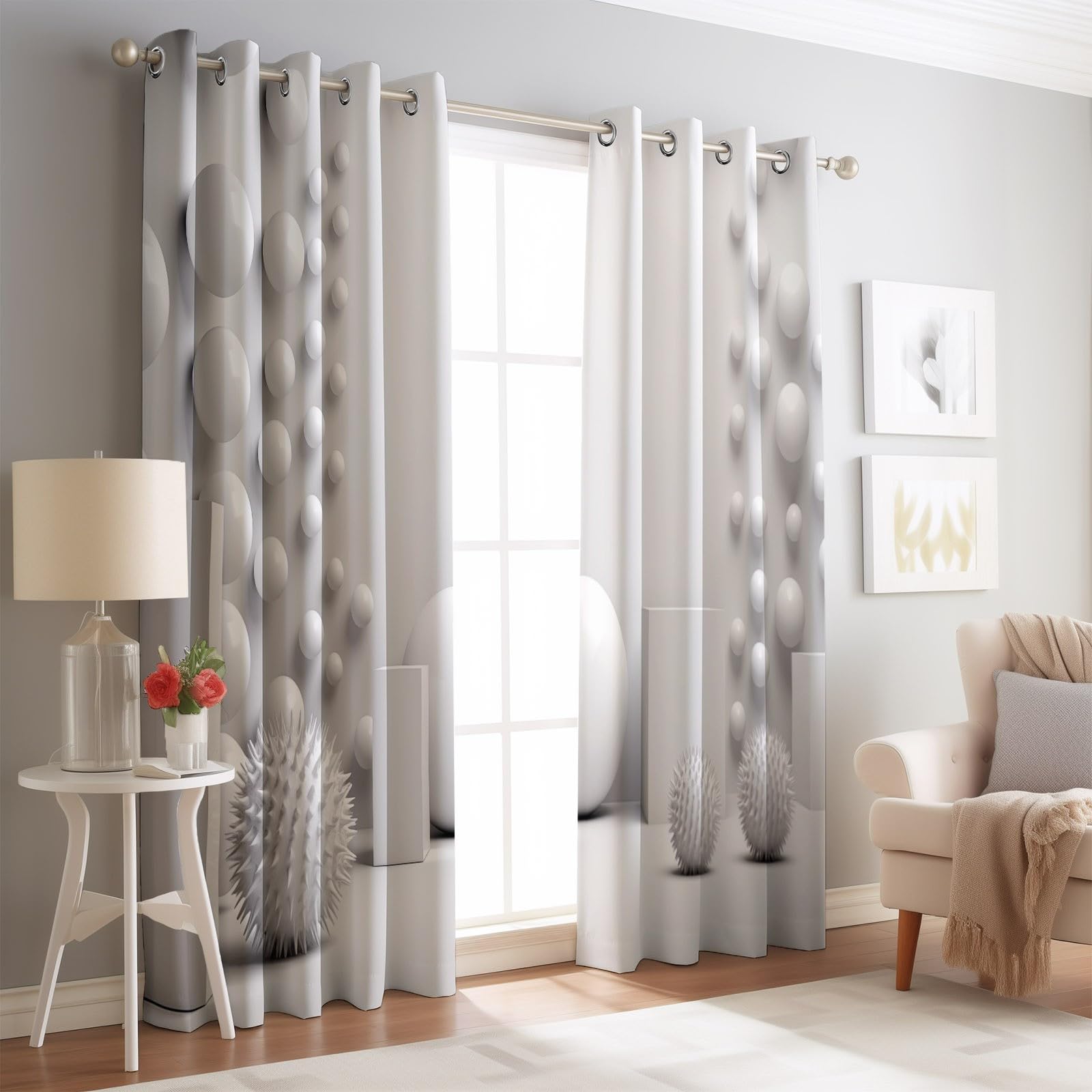 Rideaux Isolants 110L X 215H cm (2 Panneaux), Motifs Minimalisme Moderne Géométrie 3D, Tenture Opaque Gris Clair pour Grande Chambre Blanc