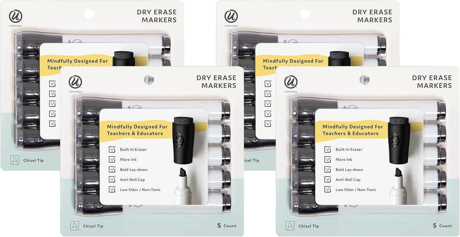 U Brands Low Odor Dry Erase Markers with Erasers, Chisel Tip, Black, 5 Count (Pack of 4)