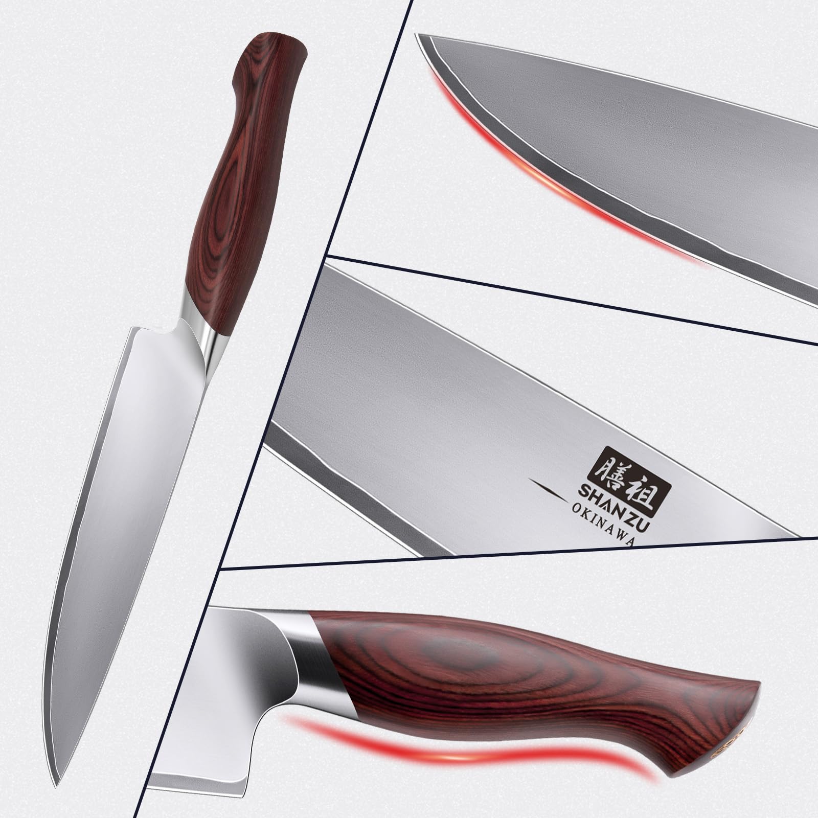 SHAN ZU Kochmesser 20 cm, Profi Küchenmesser Chefmesser, Ultrascharf aus 5-Lagigem 10Cr15MoV Edelstahl, Ergonomischer Pakka-Holzgriff - OKINAWA Series