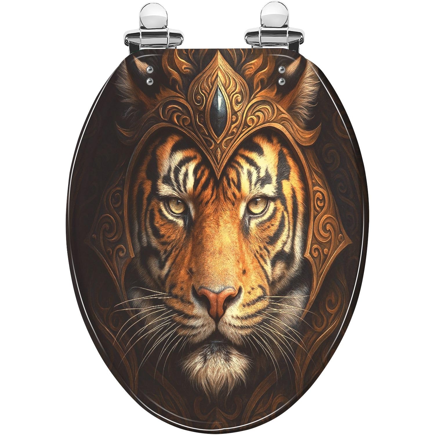Asiento de inodoro alargado decorativo de resina con diseño de tigre, cierre silencioso, bisagras de liberación rápida, topes, fácil instalación y limpieza.
