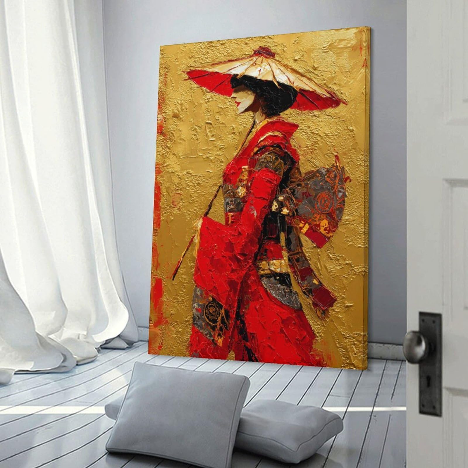 Junmoney Geisha with Red Umbrella Canvas Wall Decor, 08x12inch(20x30cm), for Apartment Walls, Studios Or Work Areas, Decorative Canvas Decor for Home Updates