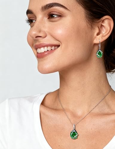 Miniatura 2 de STARCHENIE Collar de plata de ley 925 con esmeralda, aretes para mujer, diseño de piedra natal con corte de pera, juego de joyería de regalo