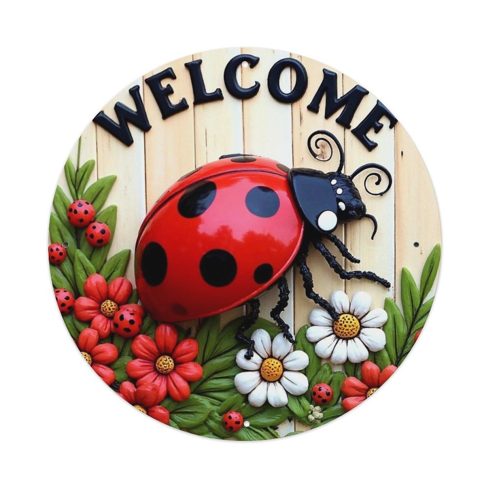 Ladybug Flowers Welcome Sign Art Round Metal Tin Sign Vintage Wall Decor, Bar Garage Cafe Kitchen Home Wall Art Poster 8x8inches