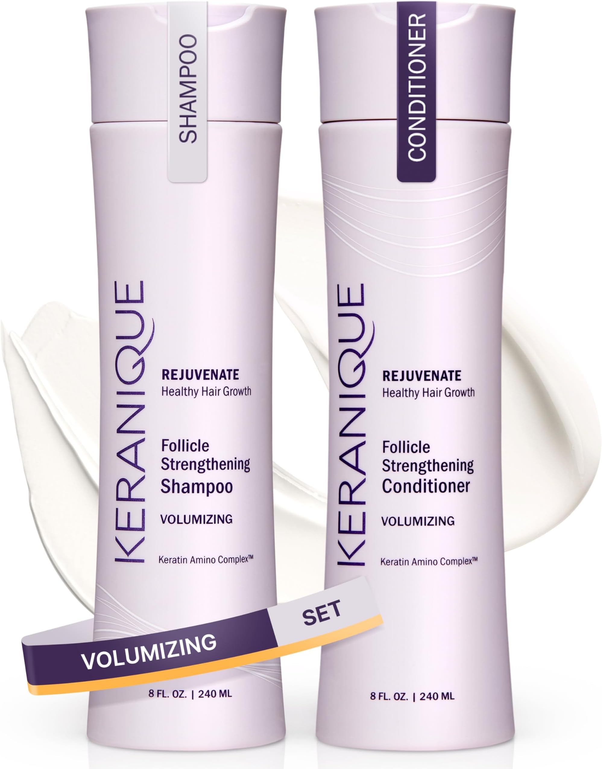 Keranique Volumizing Shampoo & Conditioner Set for Hair Repair, Growth & Thinning Hair Support – Keratin, Biotin, Menthol & Niacinamide, Lightweight Strengthening Formula - Keratin Amino Complex™