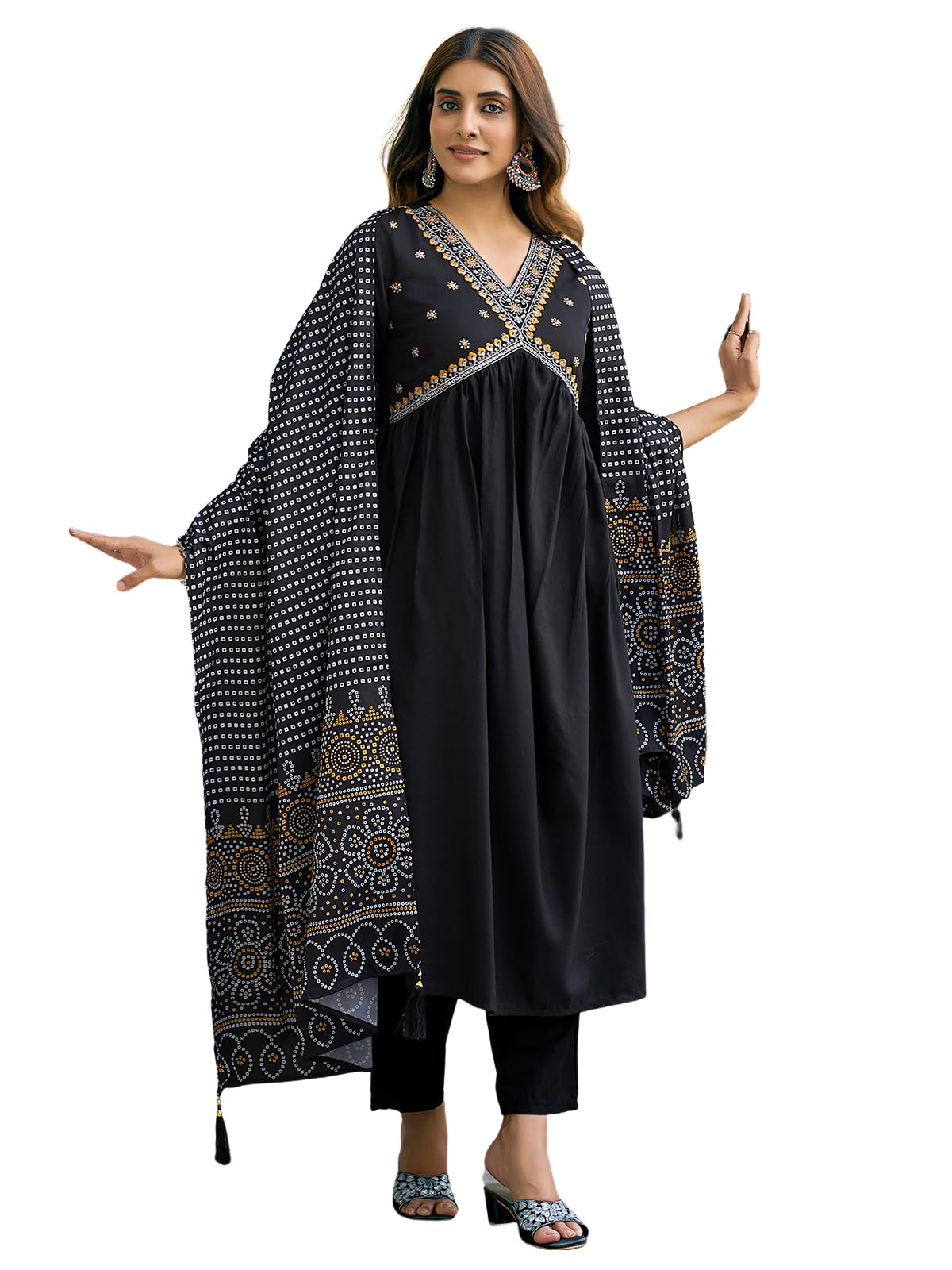 Sanisa Women's Cotton Blend Sequence Embroidery Gota Lace Alia Cut Kurta With Pant And Dupatta Set| Ethnic Set | Suit Set | Kurta Set(206Kbd2186N-L_Black)
