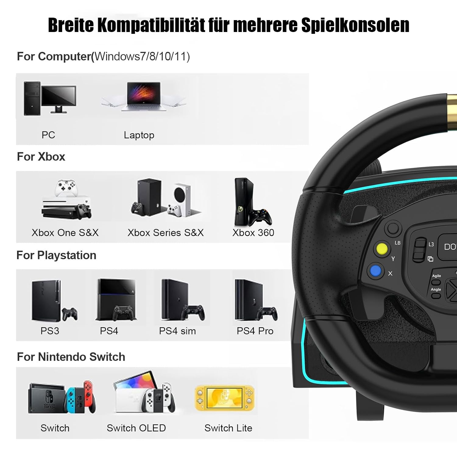 DOYO Gaming Lenkrad für PC, Rennlenkrad für Xbox One mit Hall Metall FußPedalen und Sechsgang-Schaltknüppel-1080° Drehung Lenkrad Kompatibel mit PC,PS4, PS3, Xbox One, Xbox Series X/S,Switch