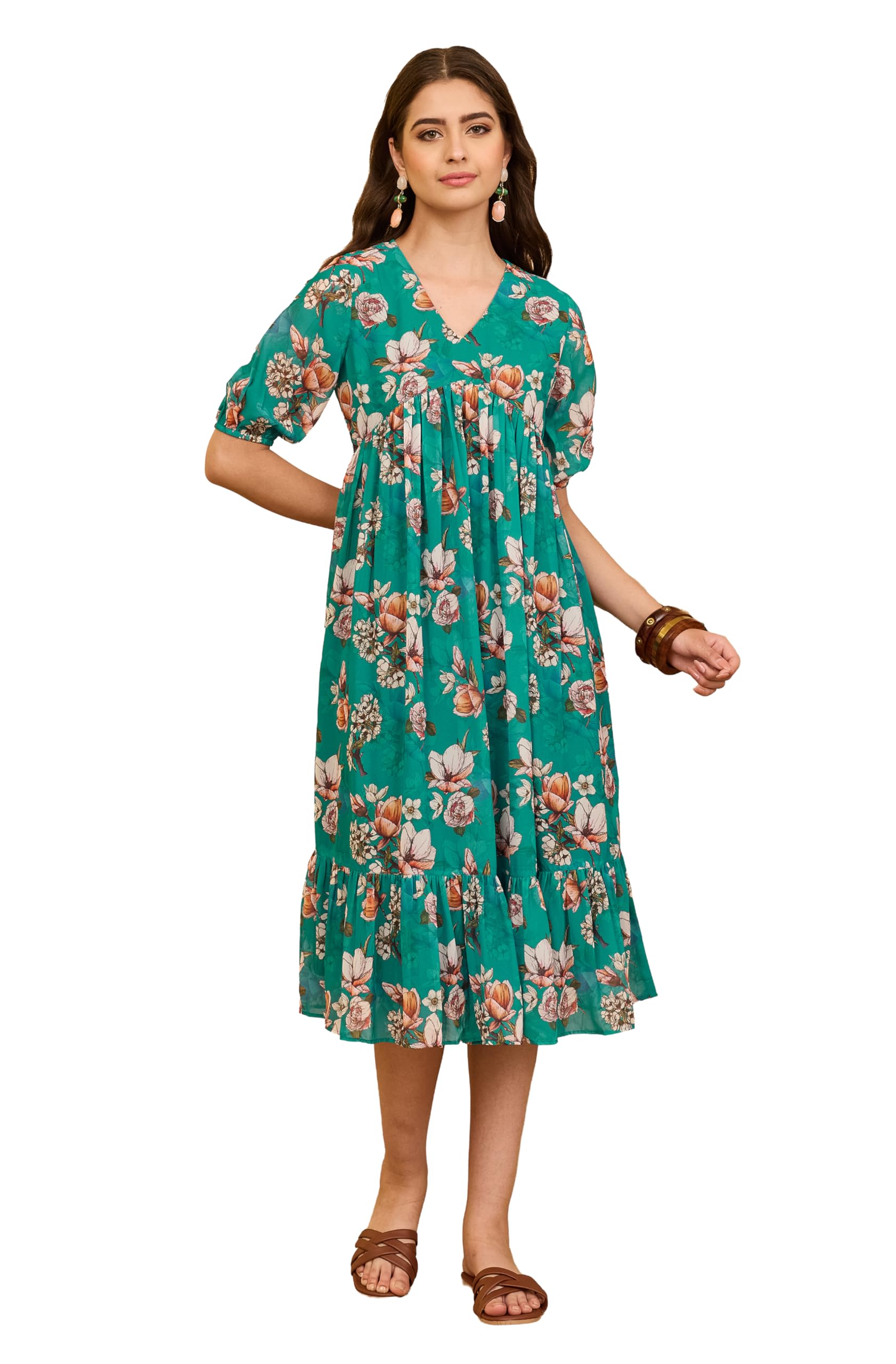 janasya Women's Sea Green Georgette Floral Printed Gathered Dress-picture-29
