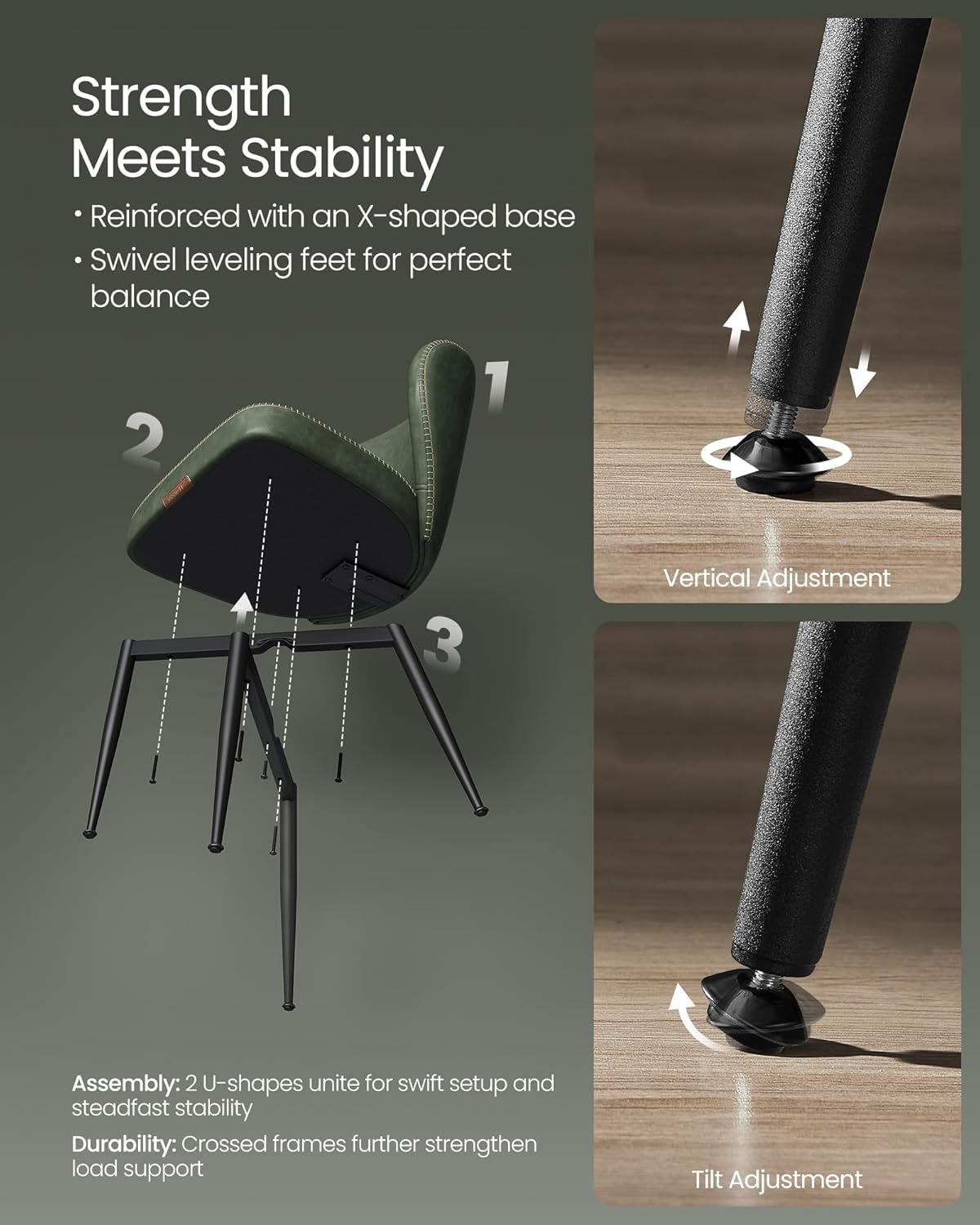 VASAGLE EKHO Collection - Dining Chairs Set of 6, Upholstered Kitchen Chairs, Comfortable Seat, Synthetic Leather with Stitching, Mid-Century Modern, Easy Assembly, Living Room Lounge, Forest Green