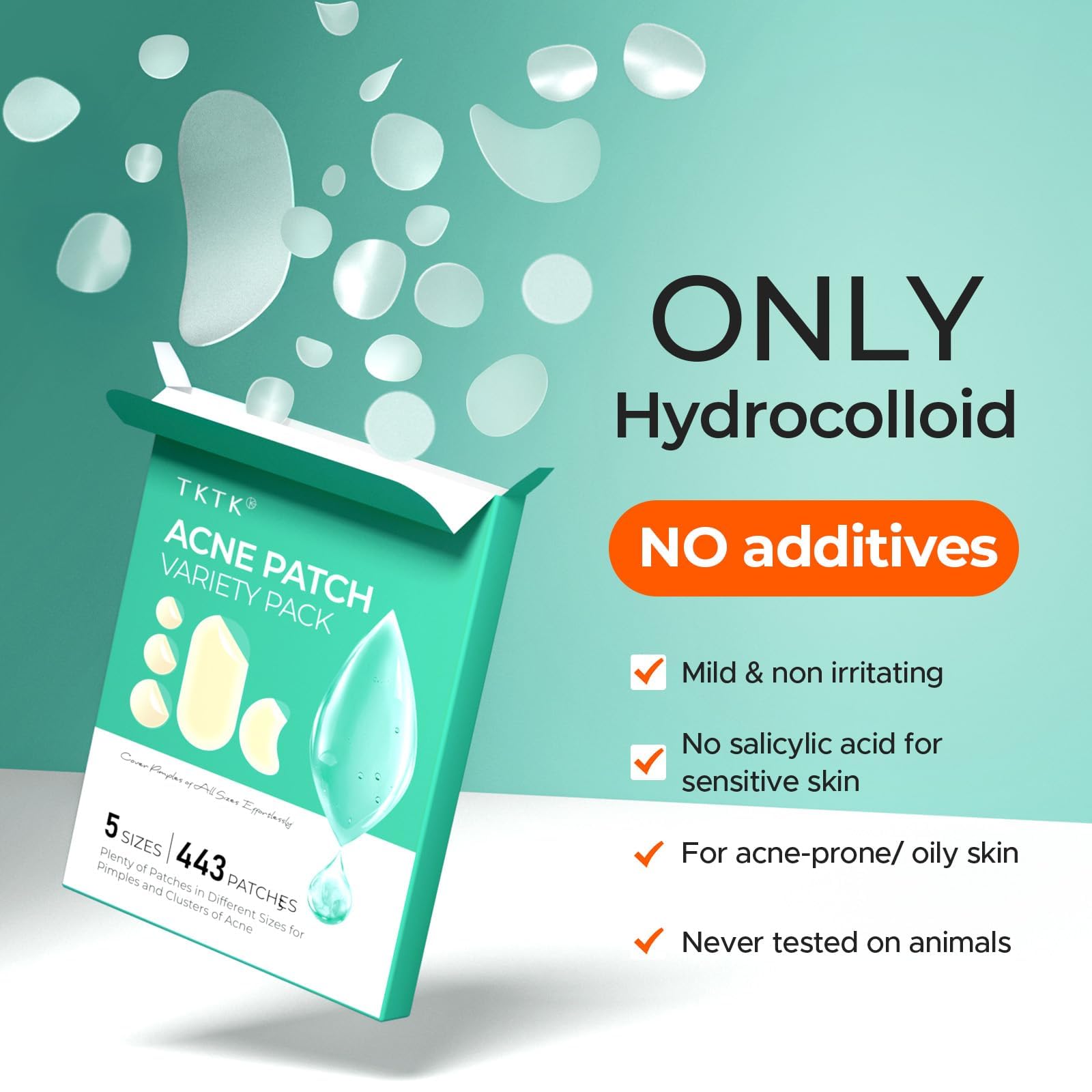 TKTK 443 Count Pimple Patches for Face, Hydrocolloid Acne Patch Bulk, Acne Stickers for Covering Cheeks, Forehead, Chin Blemishes Zit Breakouts for All Skin Types (Dots, Strip, Contoured 5 Sizes) — view 5