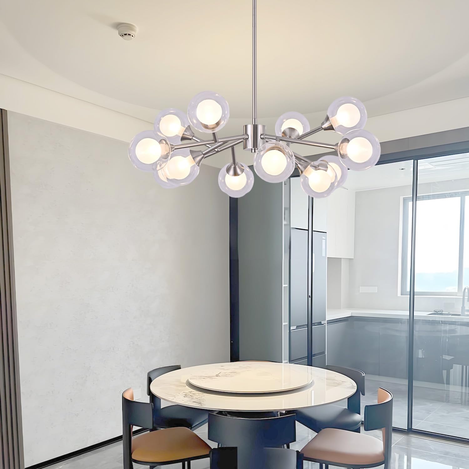 Modern Brushed Nickel Branches Sputnik Chandelier 12 Lights Bubble Glass Ball Light Fixtures Ceiling Mid Century Pendant Light for Dining Living Room Bedroom