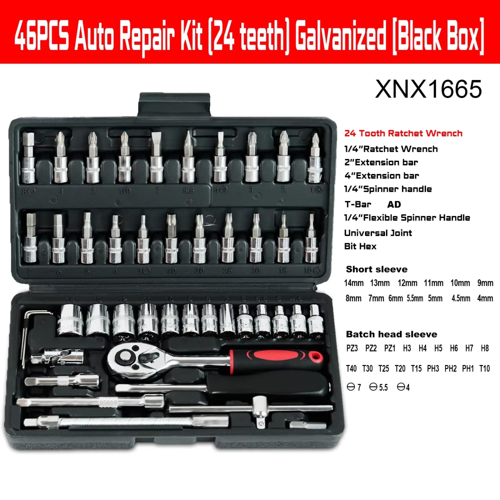 Juego Llaves Vaso Kit Herramientas Reparación Juego Enchufes 1/4 Pulgadas Llave Dinamométrica Trinquete Para Conjunto Combinado Reparación Herramienta Mecánica(Black)