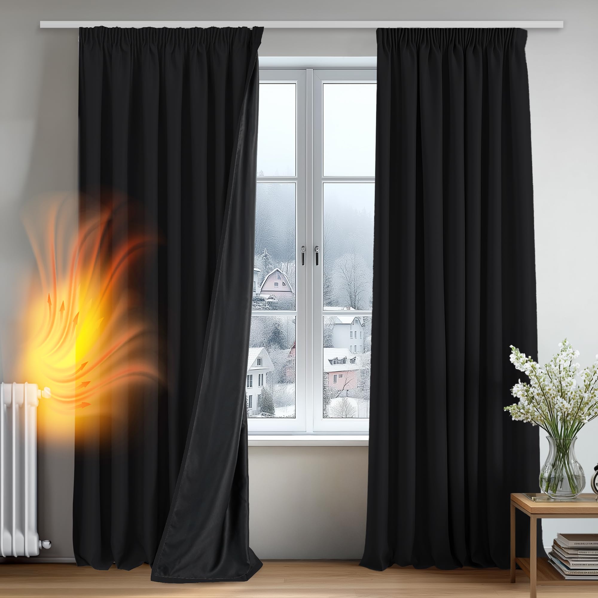 Deconovo 100% Verdunklungsvorhänge Blickdicht Vorhänge mit kräuselband Gardinen Wohnzimmer Vorhang Verdunkelung Thermovorhänge gegen Hitze Wärmeisolierend, H145 x B140 cm, Schwarz, 2er Set