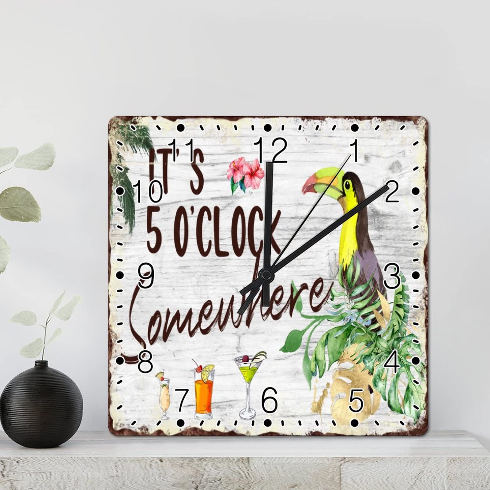 Horloge murale carrée en bois 30,5 cm fleurs tropicales et perroquet à piles