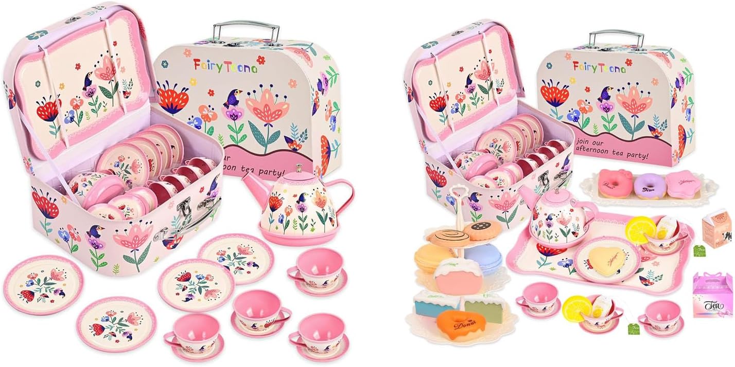 Tea Party Set for Little Girls,Flower Tea Set Toys with Dessert,Cake Stand,Teapot,Cups,Plates,Storage Case,Pretend Play Kitchen,Birthday Princess Gift Set for 3 4 5 6 7 8 Year Old Girls