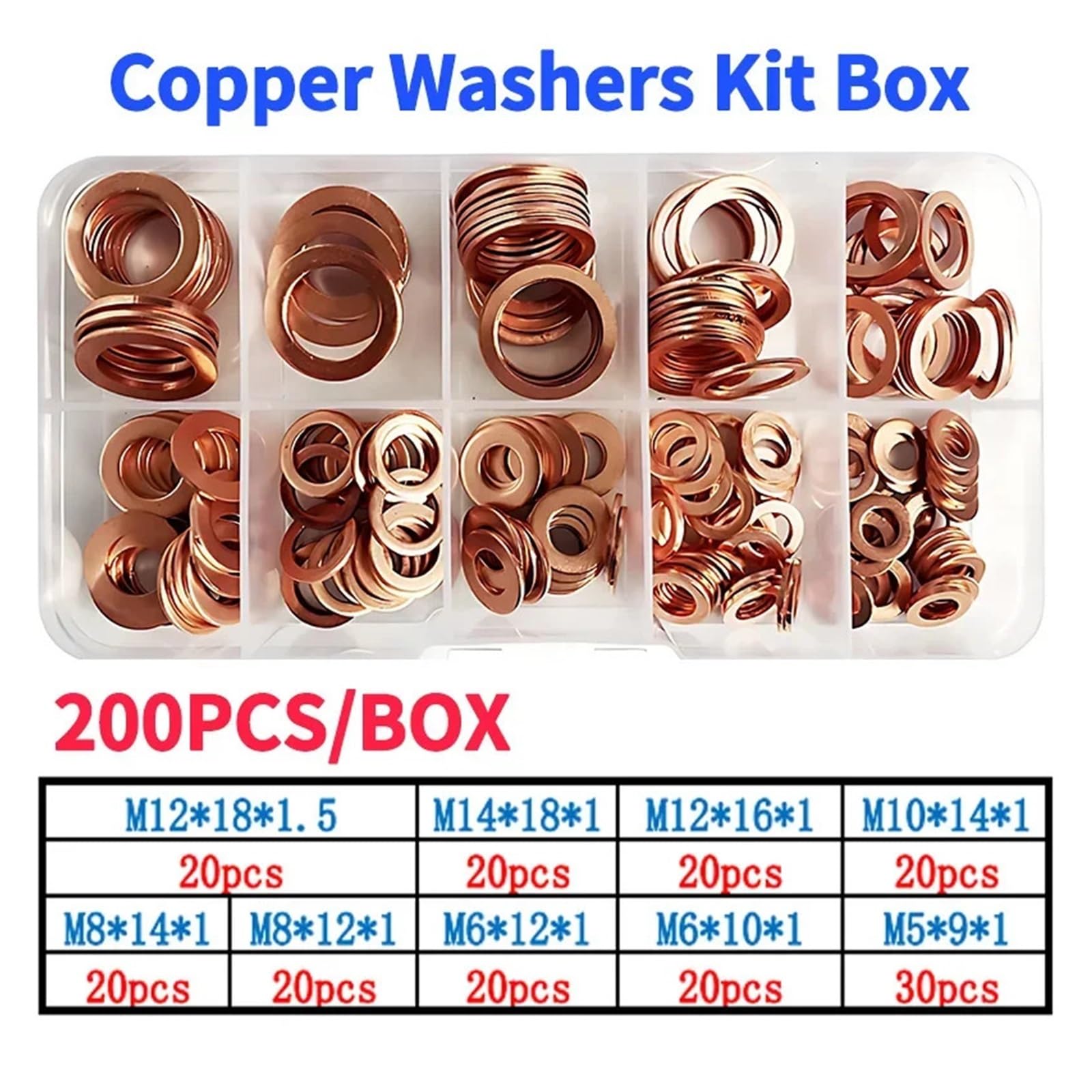 200 piezas/caja de arandela de cobre for sellado de juntas sólidas, tapón de cárter de aceite for herramienta de anillo de sello plano de barco(5 BOXES)
