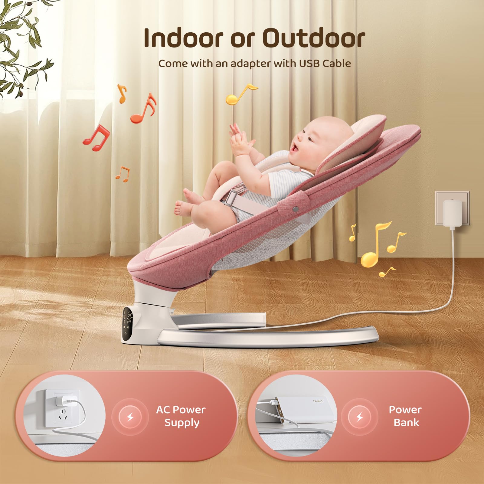 Sdraietta Neonati Elettrica 0-9 kg, Dondolo Neonati Elettrico con Telecomando e Bluetooth, Sdraietta con 5 Ampiezza di Dondolio e Cintura di Sicurezza a 5 Punti,Rete per Insetti (Rosa)