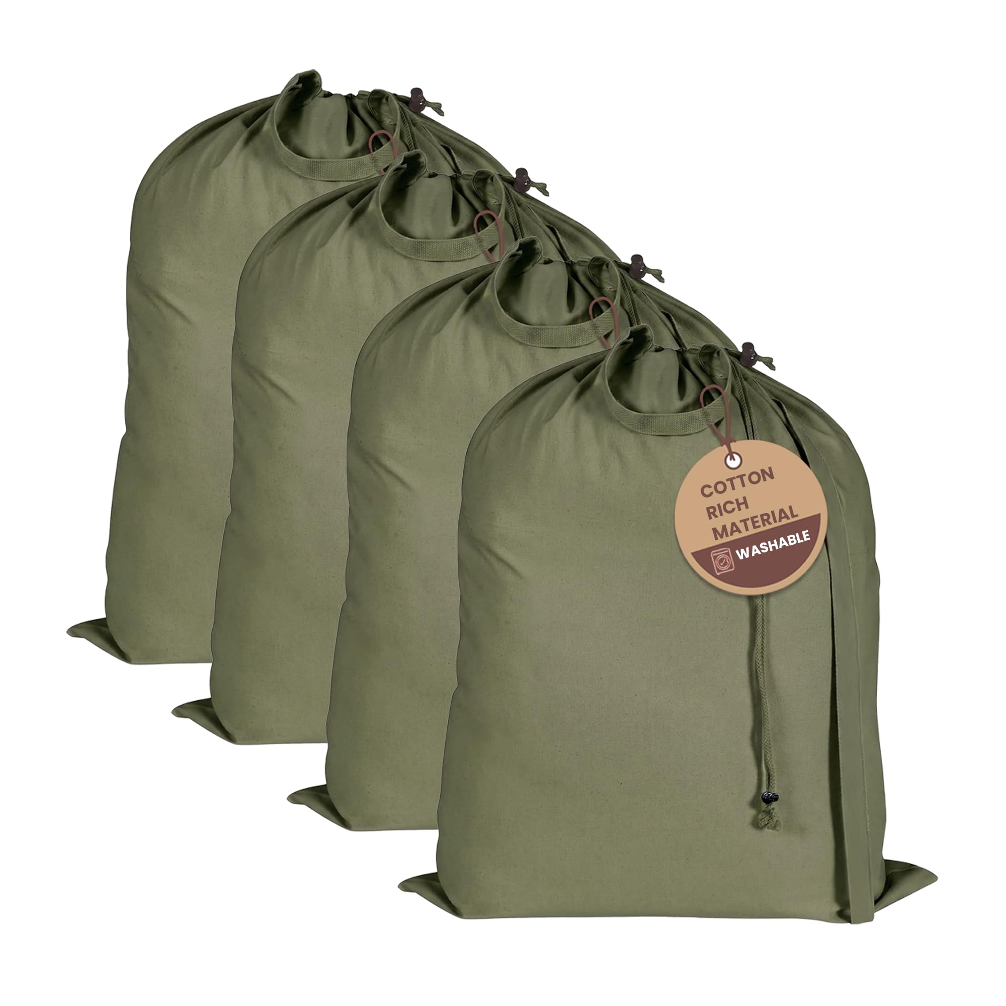 LFH Home Large Premium Cotton Rich Canvas Laundry Bag with Drawstring and Handles Heavy Duty, Multi-Use, and Washable for Home, Travel, College or Storage 28x40 (Pack of 4)-Military Green