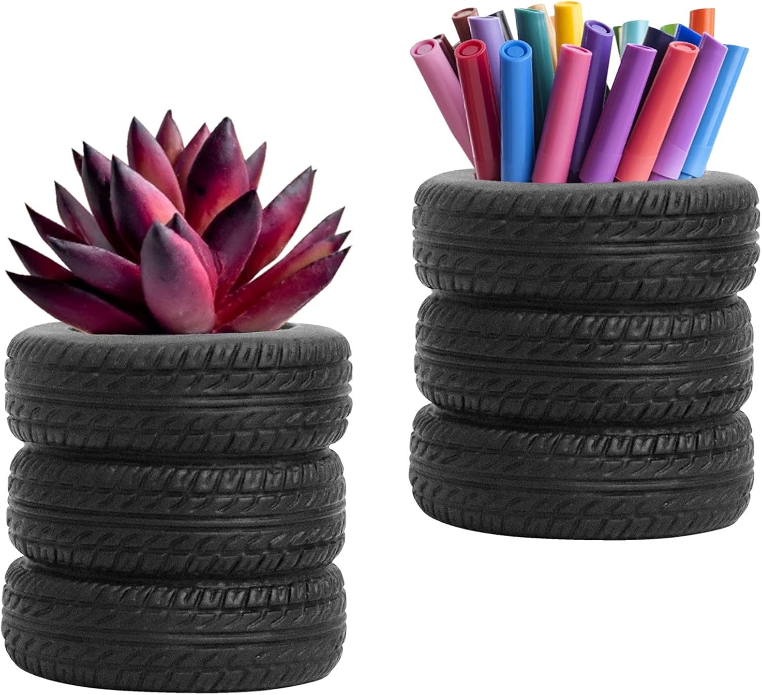 Tire Shaped Planter Pen Holder Air Plant Pot Pencil Holder Home Office Desk Organizer Accessories Special Succulent Flowerpot (Pack of 2)