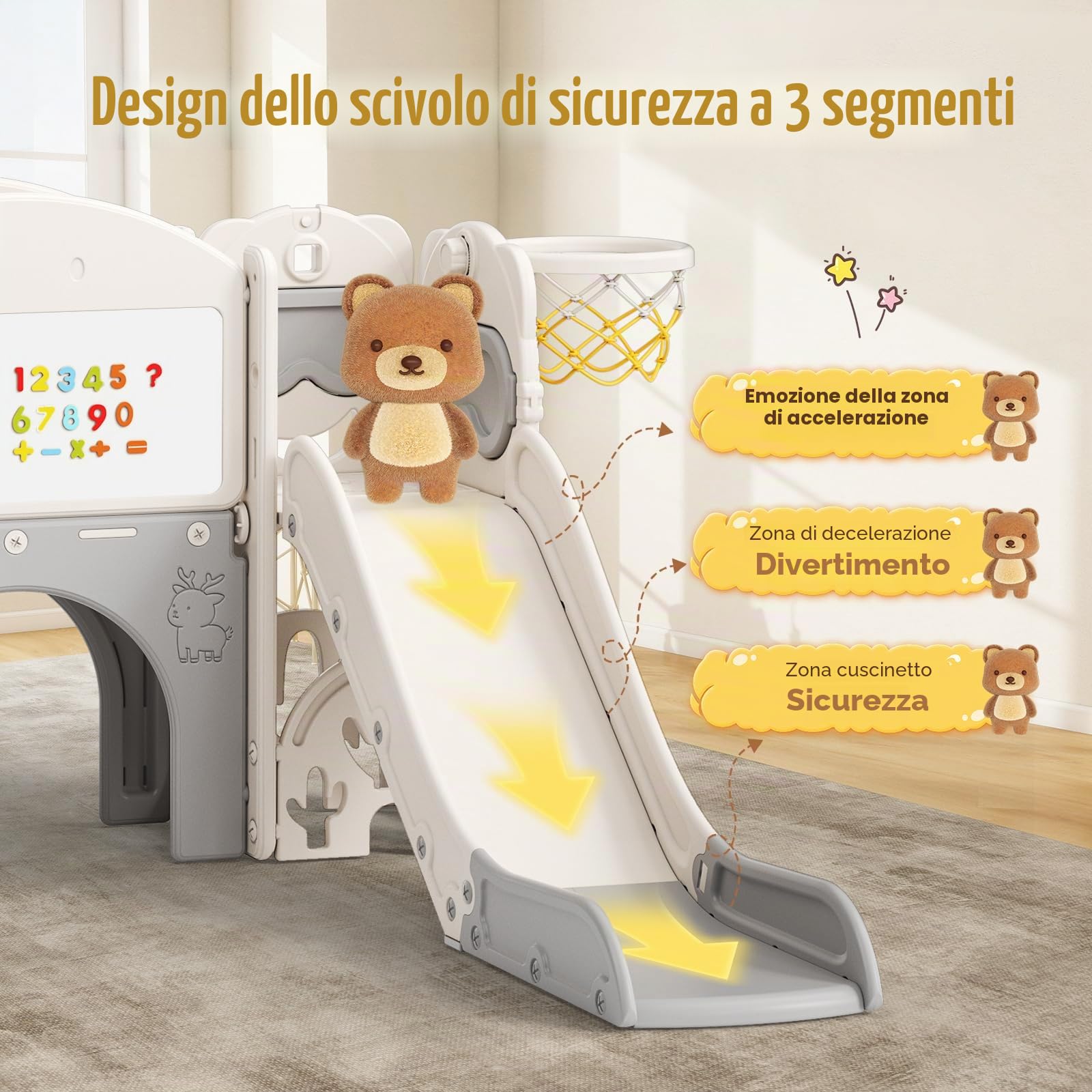Scivolo per bambini 11 in 1, scivolo per bambini da interno ed esterno con canestro da grande con cestino da basket, telaio da arrampicata per giardino, spazio di archiviazione