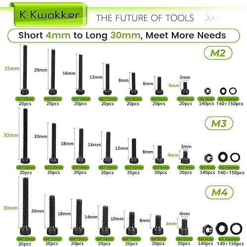 Miniatura 5 de K Kwokker Surtido de 1710 tornillos métricos M2 M3 M4, 21 tamaños de 0.157 in a 1.181 in mejorados de cabeza hexagonal chapada en zinc, tornillos y