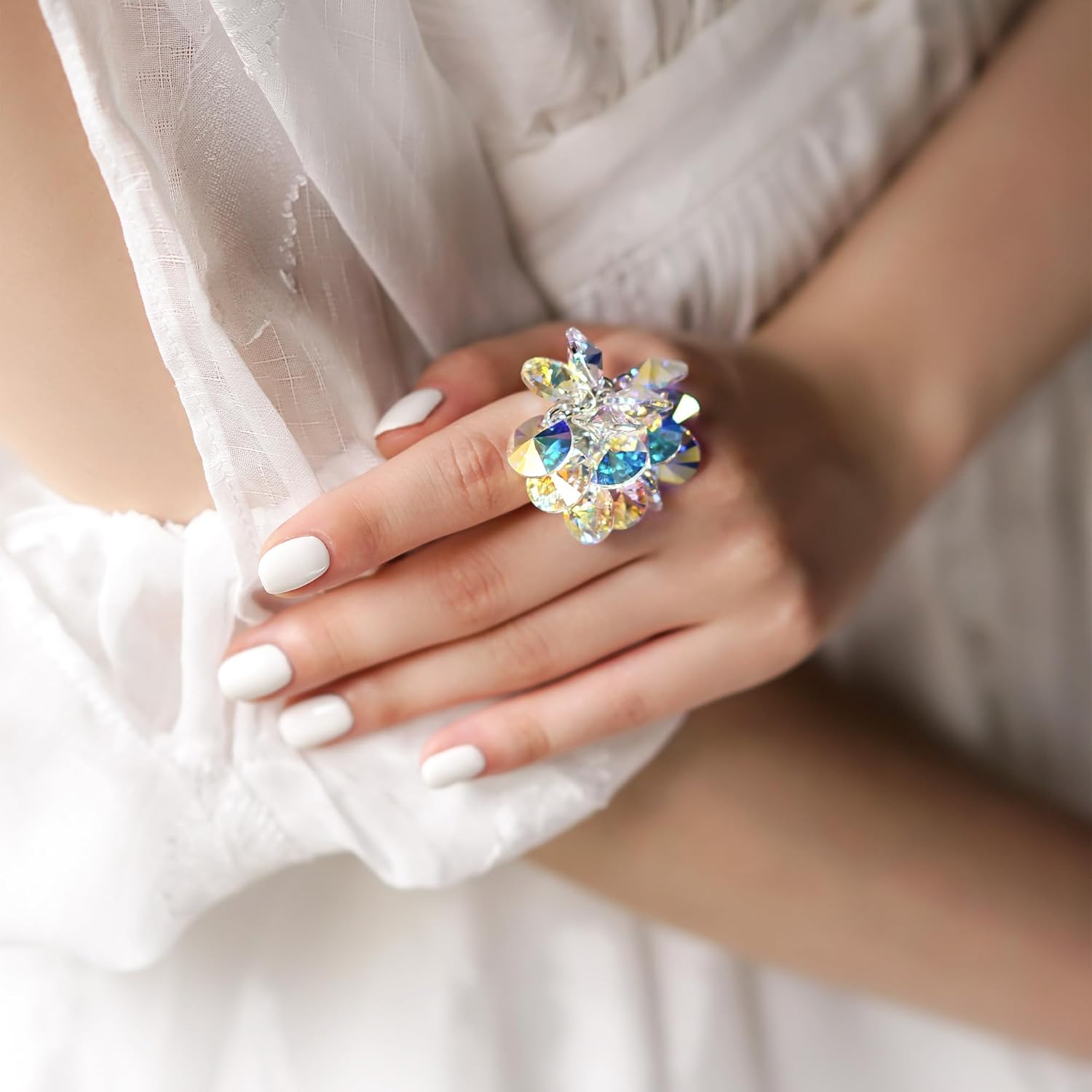 Stunning Austrian Crystal Sterling Silver Ring, Adjustable Iridescent Aurora Borealis Design, S925 Handcrafted, 0.78in Circle Diameter, 15g