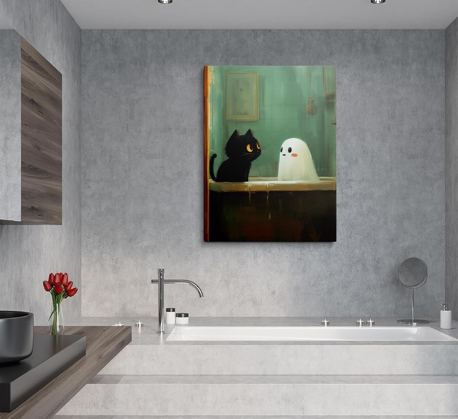 Framed Vintage Funny Cute Black Cat and Ghost in Bathtub Halloween Wall Art Canvas Fun Cool Gothic Animal Bathroom Pictures Wall Decor Whimsical Prints Poster Artwork for Living Room Bedroom (16"x24")