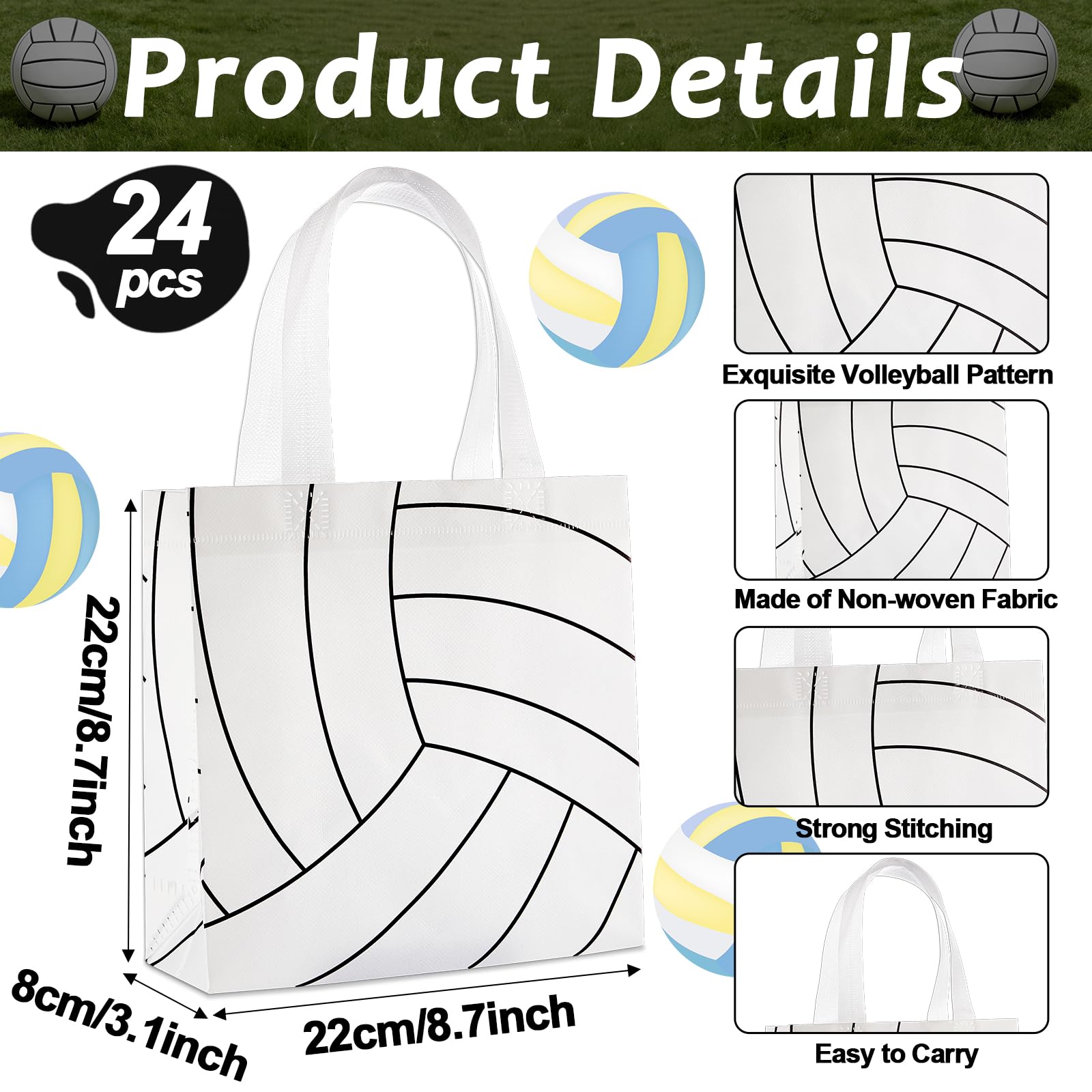 24Pcs Volleyball Gift Bags With Handles Bulk Sport Theme Treat Candy Bags Volleyball Team Present Non Woven Goodie Snack Favor Bag for Sport Boys Birthday Party Favor Baby Shower Decorations Supplies