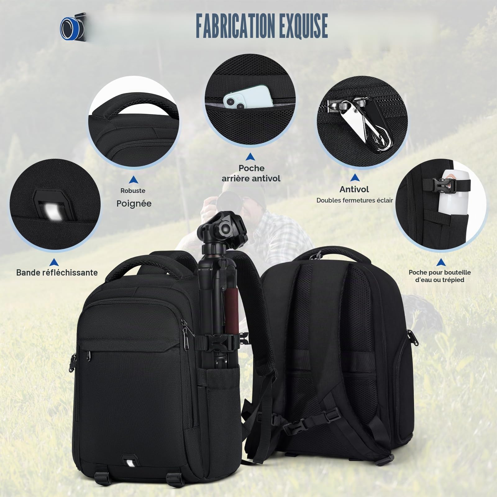 RAINSMORE Sac a Dos Photographe Sacoche Appareil Photo Professionnel Compartiment Ordinateur 14 Pouces Housse Pluie Sac Photo Reflex Numérique Compatible Canon Sony Noir