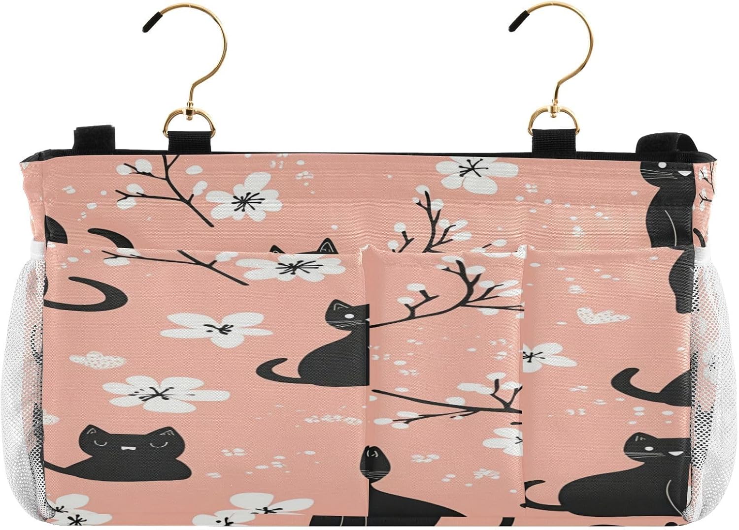 Doodle Black Cat and Flower Bedside Storage Hanging Bag, Hanging Storage Basket, Suitable for Storing Cell Phones, Water Bottles, Books