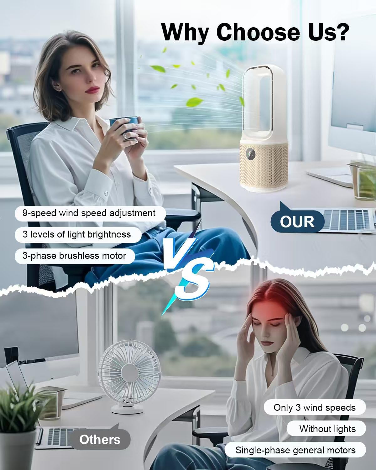 Ventilador de computadora, ventilador de refrigeración alimentado por USB sin aspas de 14 pulgadas, pequeño ultra silencioso con 9 velocidades y 3 modos de luz LED, oscilación de 60°