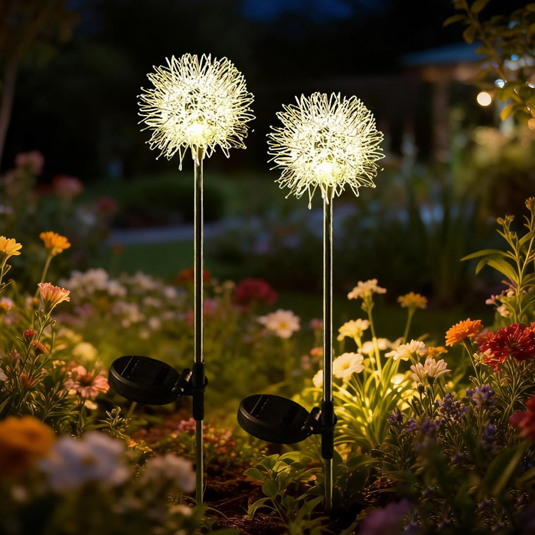 WRQIOO Solar Flower Lights Outdoor Garden, 2 Pack Dandelion Solar Stake Lights Outdoor Garden, Waterproof So-lar Flower Lamps for Courtyard Pathway Flowerbed Patio Lawn Decoration