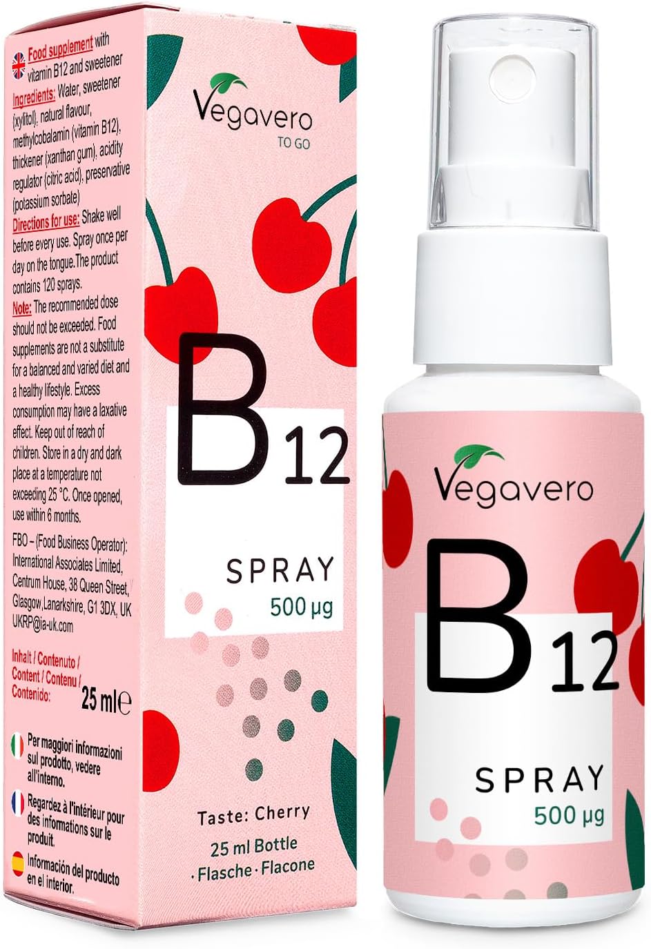 Vegavero Vitamin B12 Spray | Vegan Methylcobalamin | 120 Days | Natural Cherry Flavour | 500 µg per Day | Liquid Travel Size