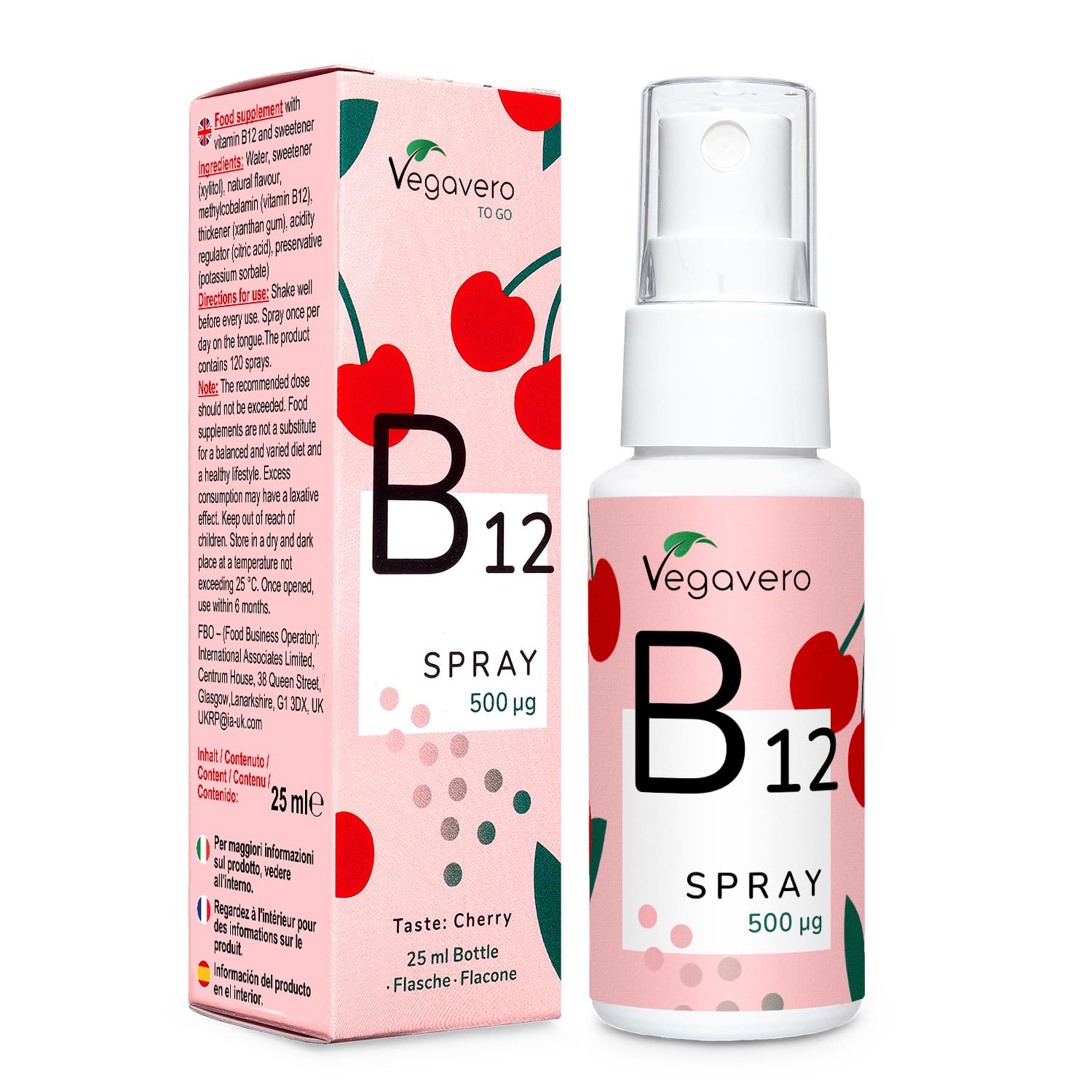 Vitamin B12 Spray | Vegan Methylcobalamin | 120 Days | Natural Cherry Flavour | 500 µg per Day | Liquid Travel Size