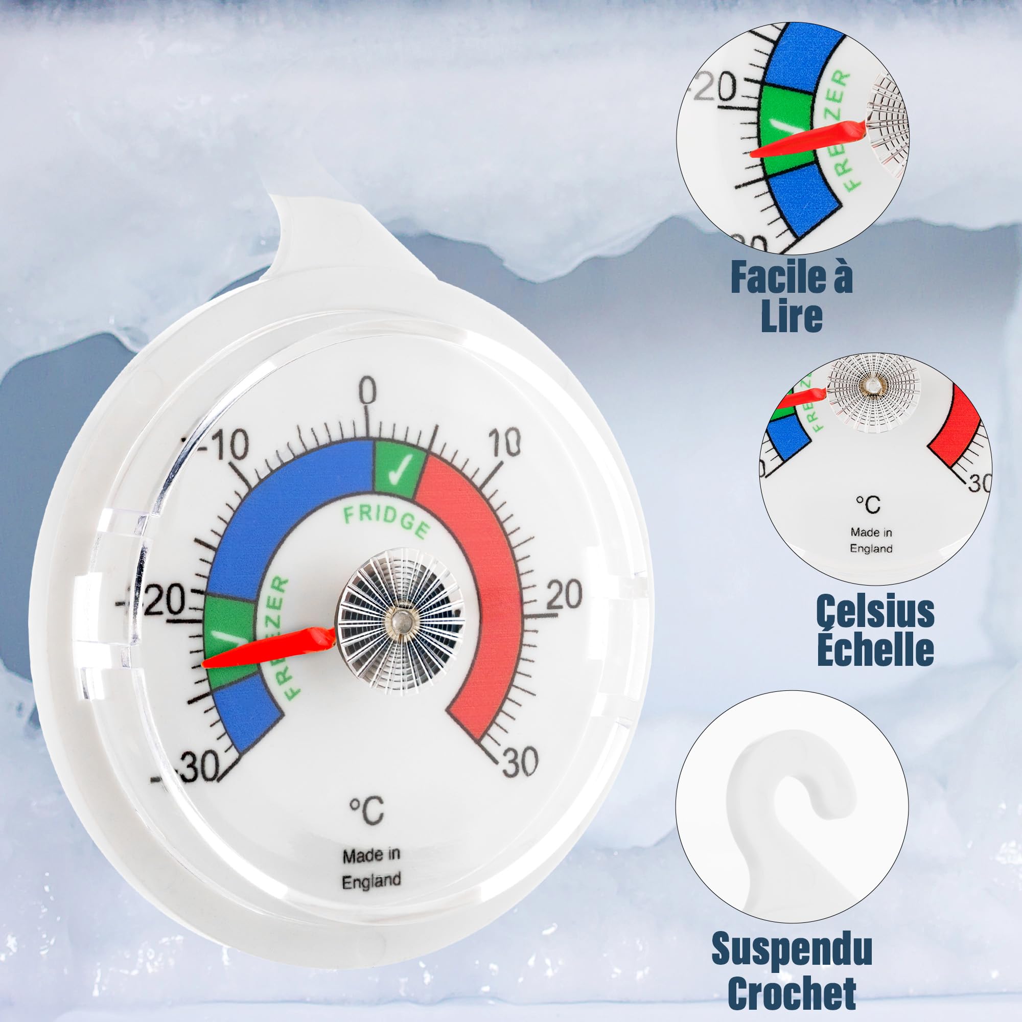 Lot de 2 thermomètres de réfrigérateur à cadran 65 mm zones colorées