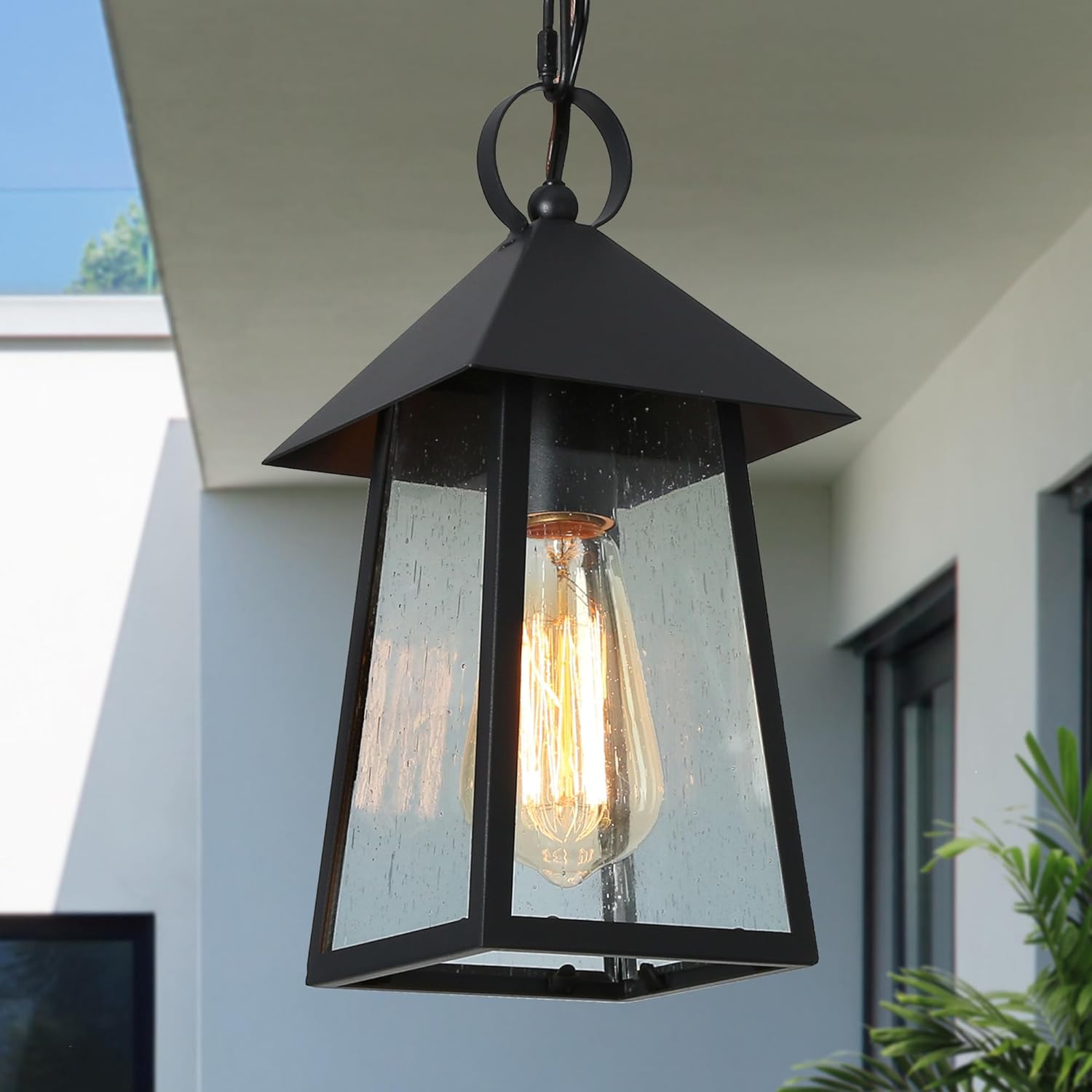 LOG BARN Outdoor Pendant Lights, Modern Farmhouse Exterior Light Fixture, Anti-Rust Ceiling Outdoor Lantern with Seeded Glass for Front Door, Entry, Porch, and Gazebo