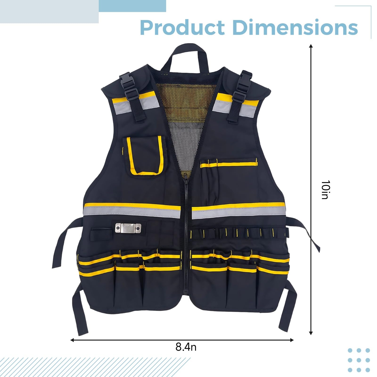Chaleco de herramientas para carpinteros y electricistas, chaleco de trabajo con múltiples bolsillos para construcción, tiras reflectantes, poliéster transpirable y tela Oxford, negro y amarillo