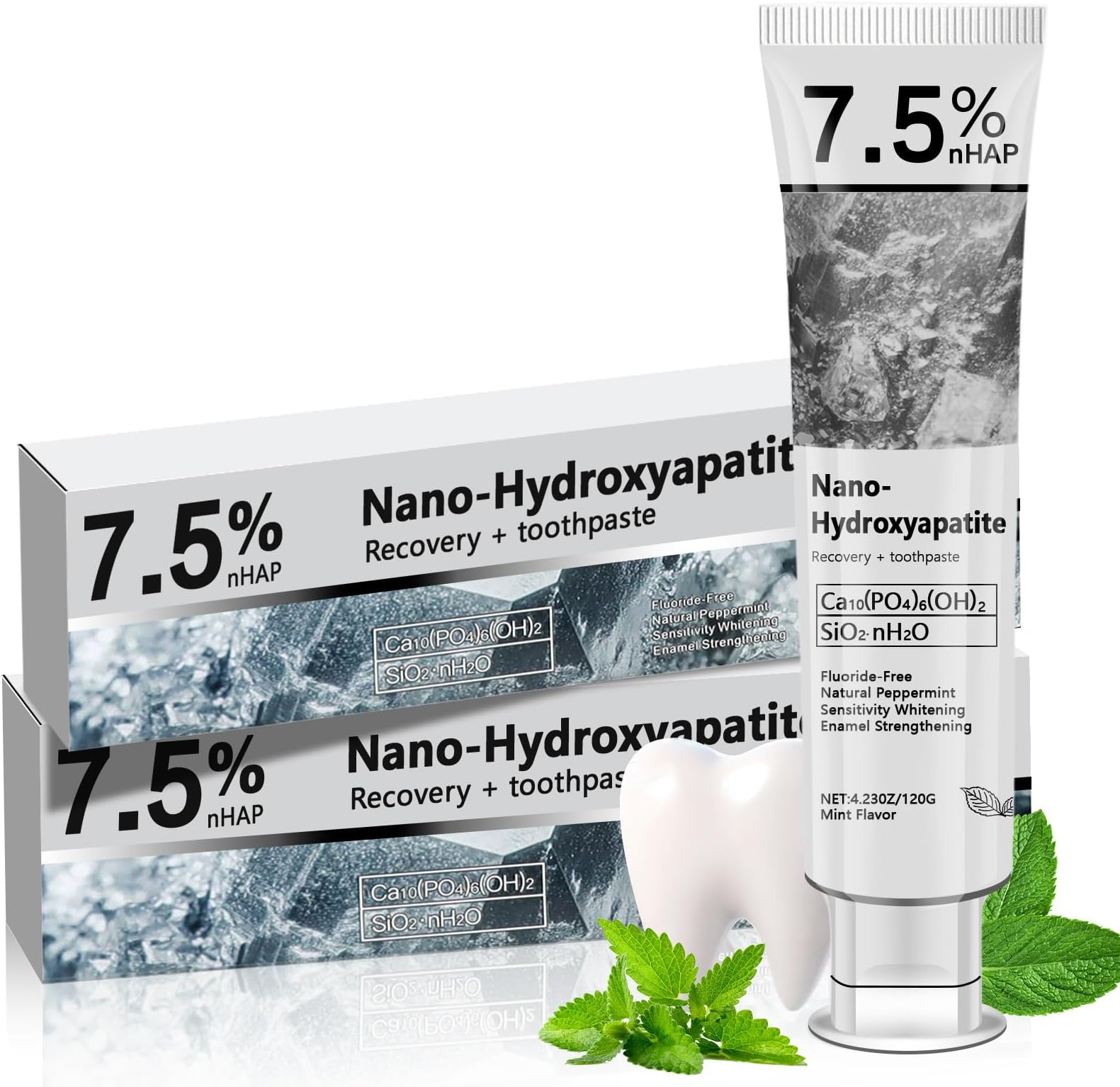 Hydroxyapatite Toothpaste for Advanced Enamel Protection & Tooth Strengthening, Fluoride-Free Fluoride-Free Formula with Gentle Mint, Fresh Breath, Reduce Tooth Sensitivity 2pcs