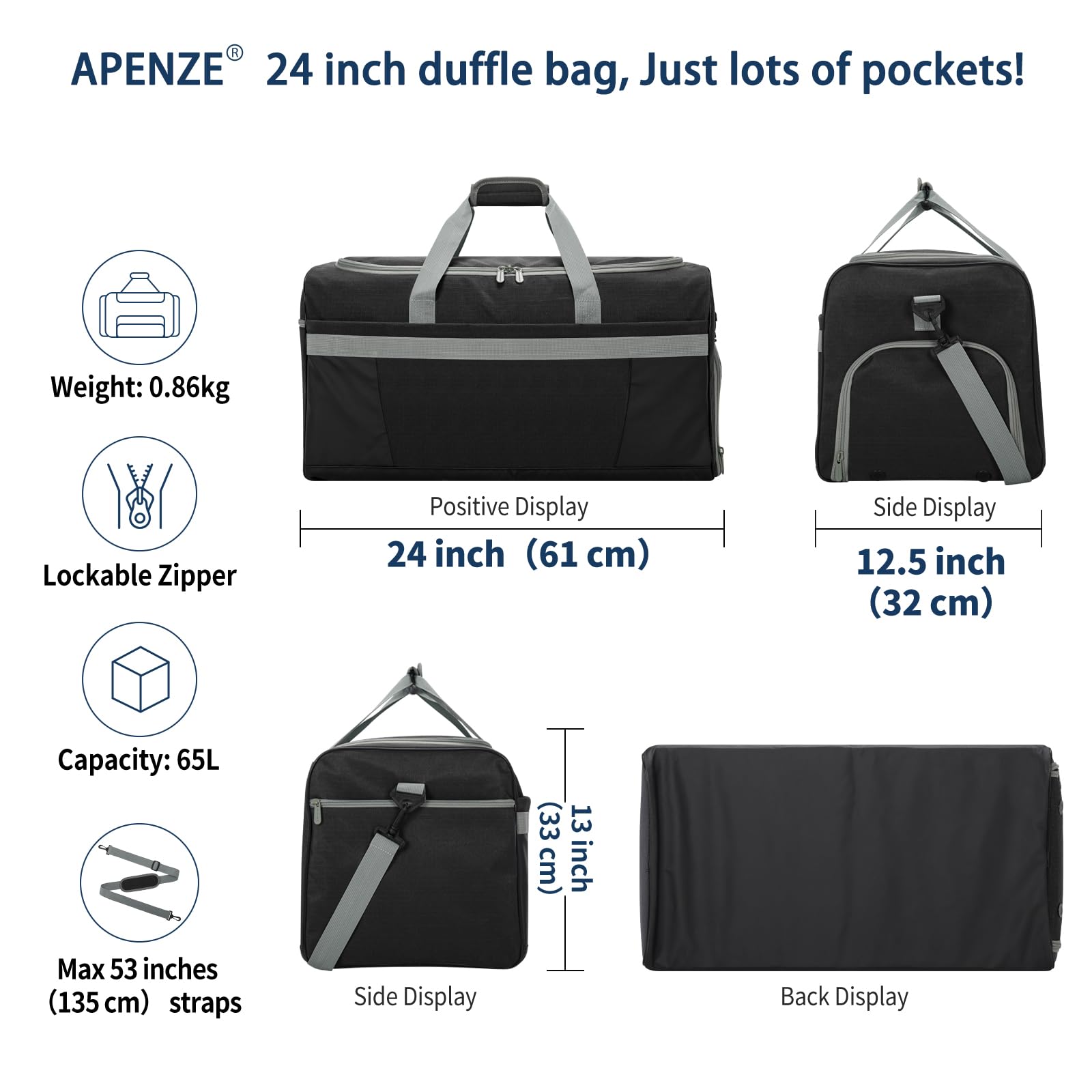 Apenze Bolsa deportiva de gimnasio para hombre de 65 L con compartimento para zapatos y mojados, Black, Bolsa de gimnasio para hombre