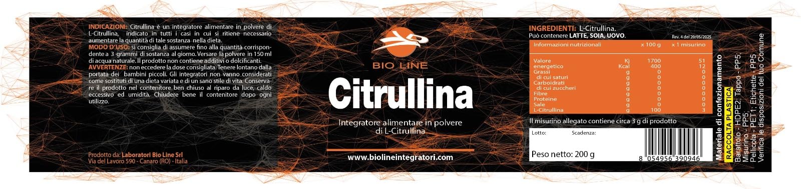 Citrullina Polvere (200 g) Integratore Alimentare dell'Aminoacido L-Citrullina Puro 100%, Per Una Dieta Senza Additivi e Dolcificanti, Integratori Alimentari